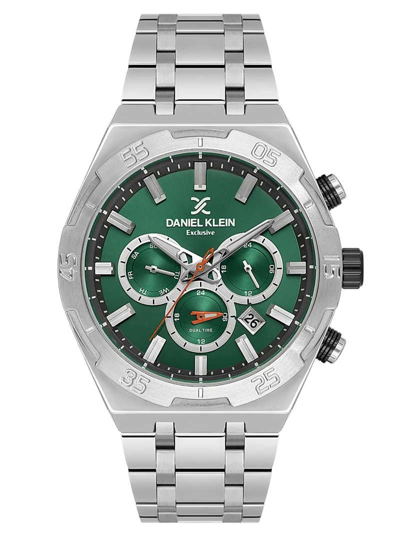 DANIEL KLEIN Men's Stainless Steel Silver and Black Brass Case Analog Dark Green Round Sunray Dial Japanese Quartz Exclusive 50 Meters Water Resistant
